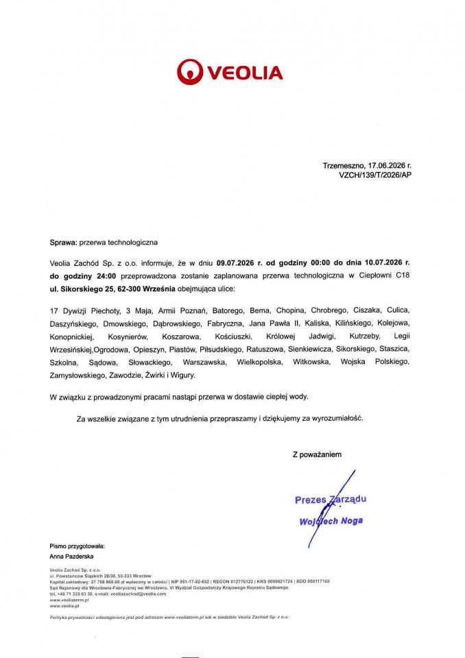 UWAGA! komunikat Veolia Września o planowanej przerwie w dostawie cieplej wody - Aktualności - WRZEŚNIA - miasto w centrum zainteresowania