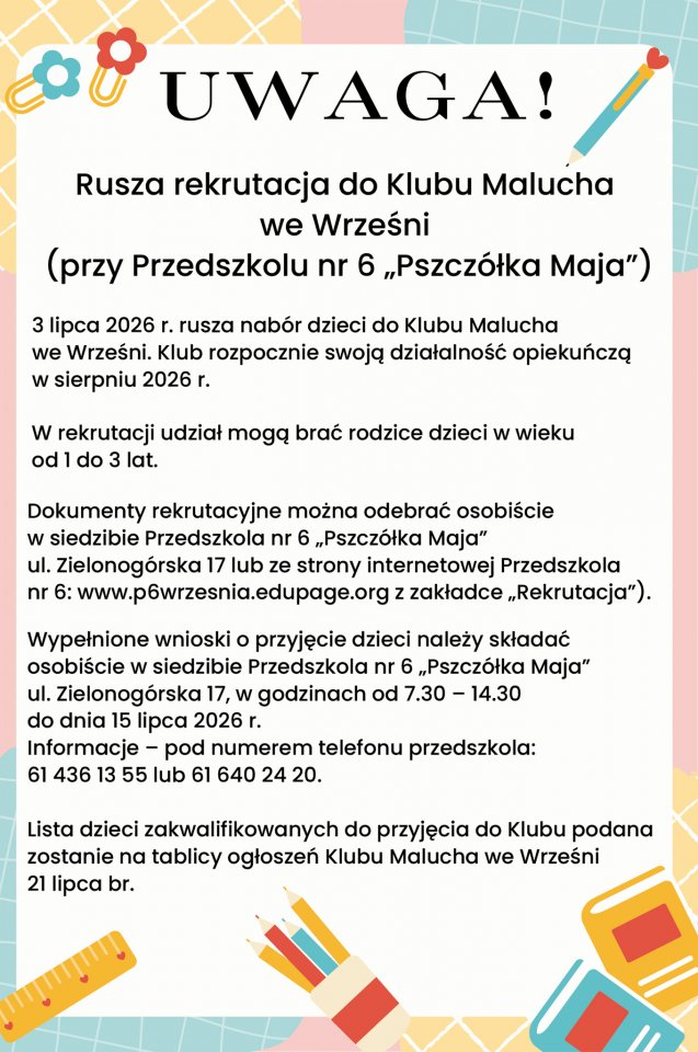 Rusza rekrutacja do Klubu Malucha we Wrześni (przy Przedszkolu nr 6 „Pszczółka Maja”) - Aktualności - WRZEŚNIA - miasto w centrum zainteresowania
