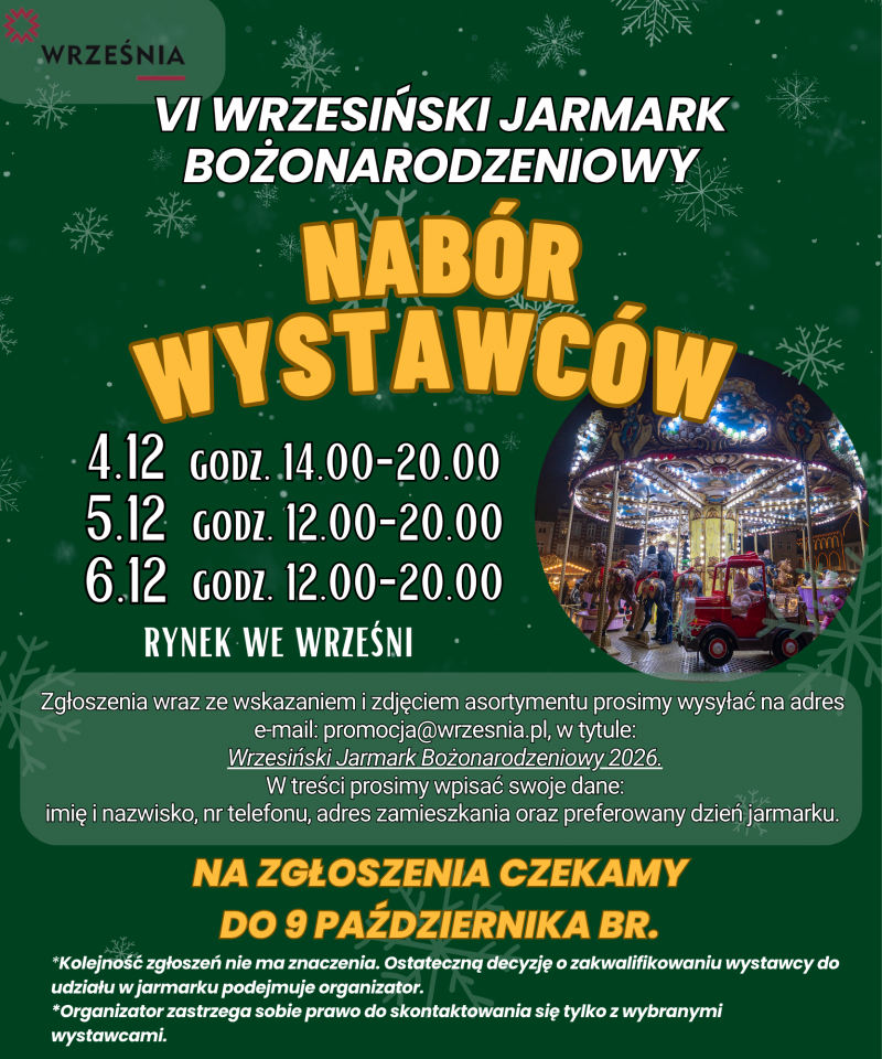Nabór wystawców na Jarmark Bożonarodzeniowy 2026 we Wrześni - Aktualności - WRZEŚNIA - miasto w centrum zainteresowania