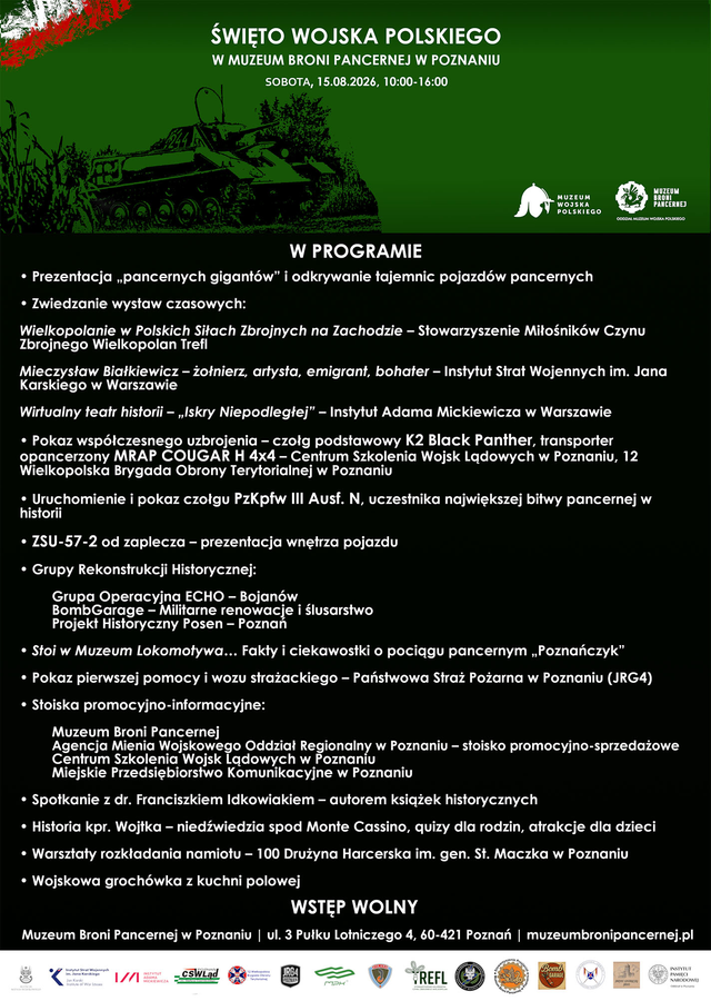 Plakat pikniku wojskowego w Muzeum Broni Pancernej w Poznaniu 15 sierpnia 2026 roku