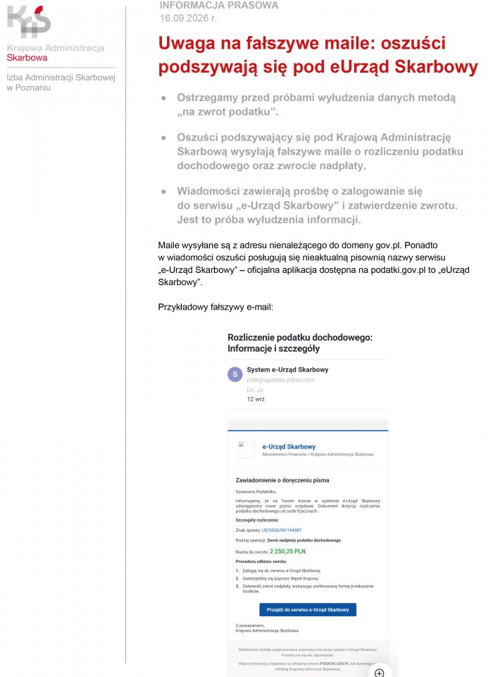Uwaga na fałszywe maile: oszuści podszywają się pod eUrząd Skarbowy (informacja Krajowej Administracji Skarbowej) - Aktualności - WRZEŚNIA - miasto w centrum zainteresowania
