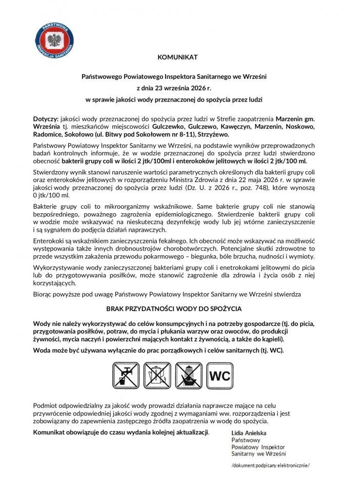 UWAGA! Komunikat Państwowego Inspektora Sanitarnego we Wrześni z dnia 23 września 2026 r. w sprawie jakości wody przeznaczonej do spożycia przez ludzi w miejscowości Marzenin - Aktualności - WRZEŚNIA - miasto w centrum zainteresowania