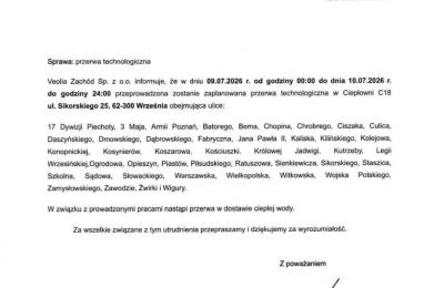 Veolia informuje o przerwie w dostawie ciepłej wody we Wrześni w dniach 9–10 lipca