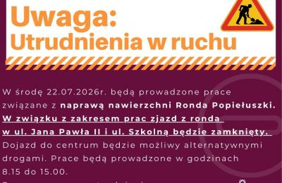 Utrudnienia w ruchu w Wrześni: zamknięte zjazdy z Ronda Popiełuszki 22 lipca