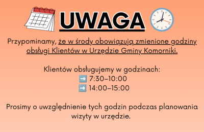 Środy w Komornikach z krótszą obsługą w urzędzie. Sprawdź dokładne godziny