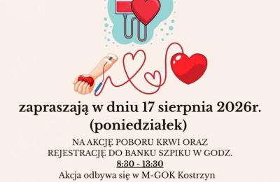 Akcja krwiodawstwa w Kostrzynie 17 sierpnia przy sali Kostrzynianka