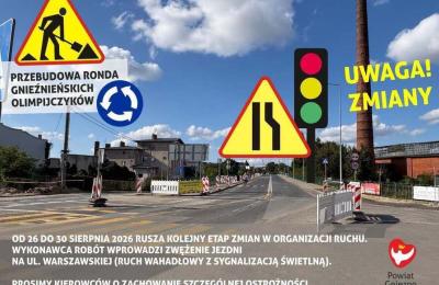Gniezno: ruch wahadłowy na ulicy Warszawskiej przy Rondzie Gnieźnieńskich Olimpijczyków