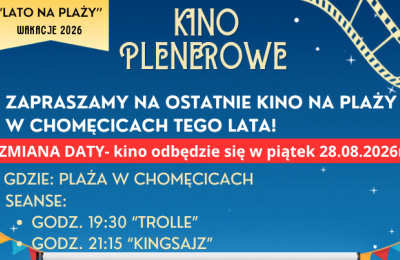 Kino plenerowe w gminie Komorniki przeniesione na 28 sierpnia na plaży w Chomęcicach