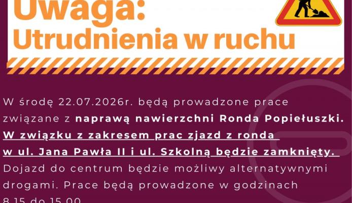 wiadomosci CentralaPoznan i region - Utrudnienia w ruchu w Wrześni: zamknięte zjazdy z Ronda Popiełuszki 22 lipca
