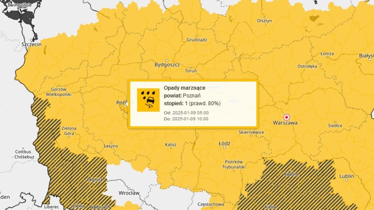 Obszar objęty ostrzeżeniem Marznące opady i gołoledź w poznaniu