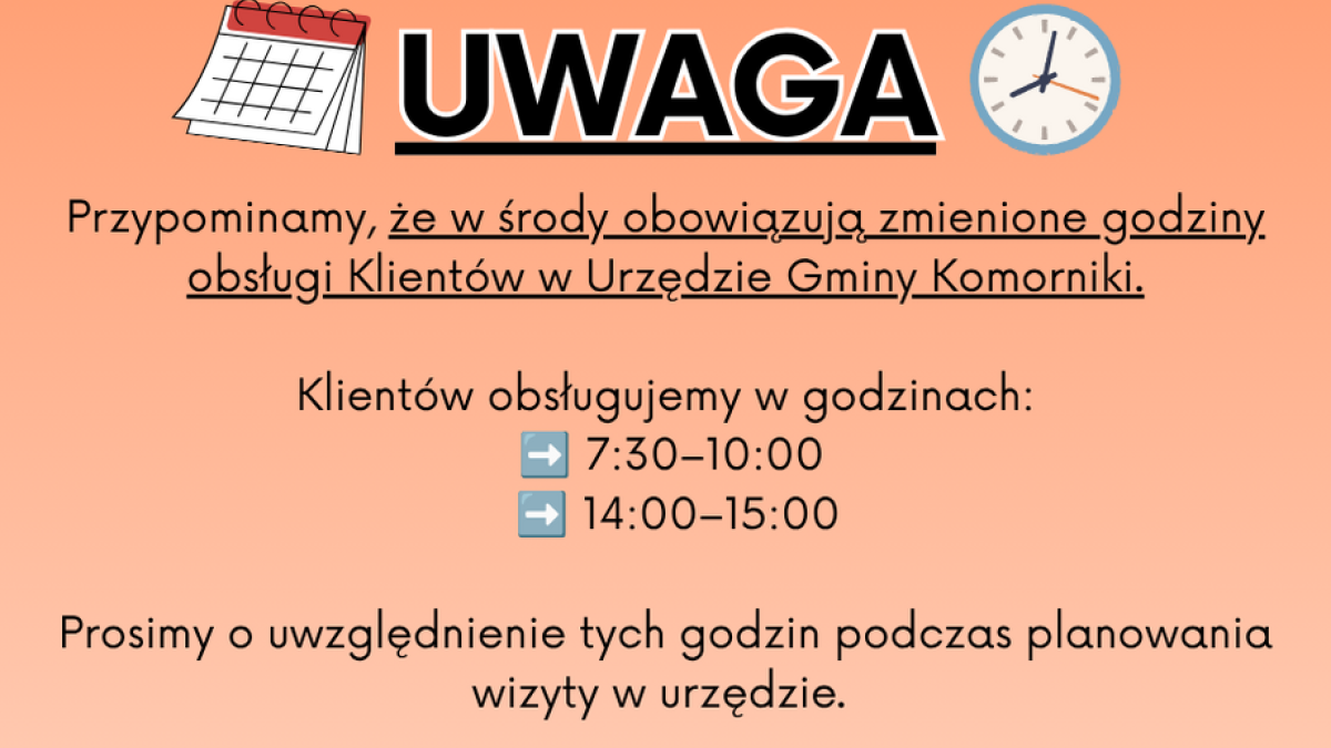 W środy obowiązują zmienione godziny obsługi klientów w Urzędzie Gminy Komorniki.