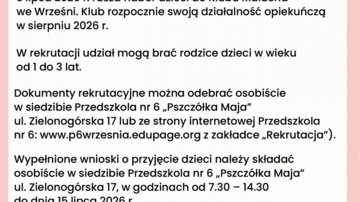 Rusza rekrutacja do Klubu Malucha we Wrześni (przy Przedszkolu nr 6 „Pszczółka Maja”) - Aktualności - WRZEŚNIA - miasto w centrum zainteresowania