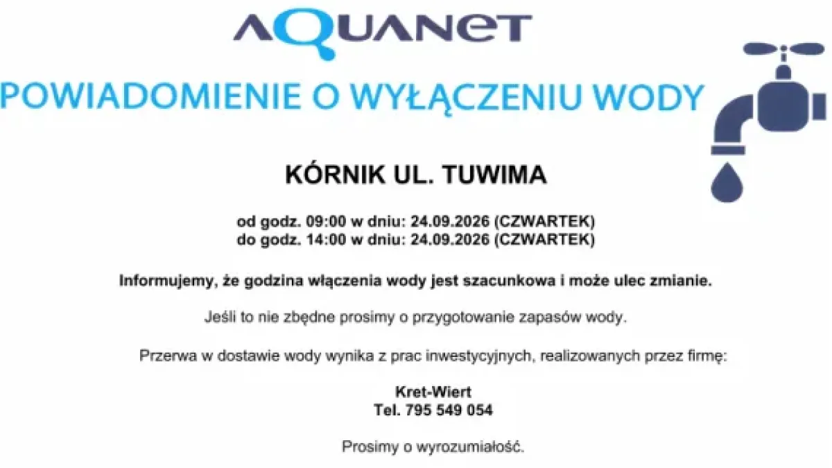 Aquanet: planowane wyłączenia wody w dniu 24.09.2026 r.