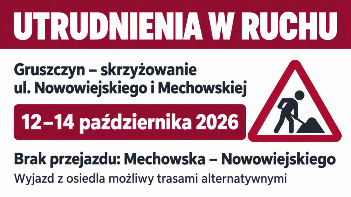 Utrudnienia w ruchu na skrzyżowaniu ulic Nowowiejskiego i Mechowskiej w Gruszczynie - informacja od Wykonawcy